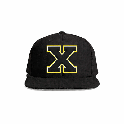 Black velvet snapback cap featuring a bold gold-trimmed ’x’ logo.