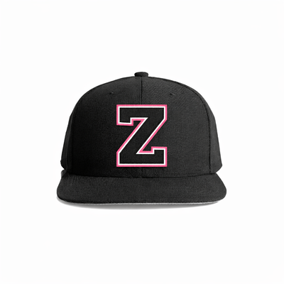 Black snapback cap featuring a bold pink-outlined letter ’z’ embroidered on the front.
