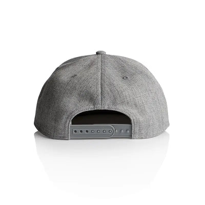 Gray snapback cap.