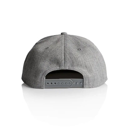 Gray snapback cap.