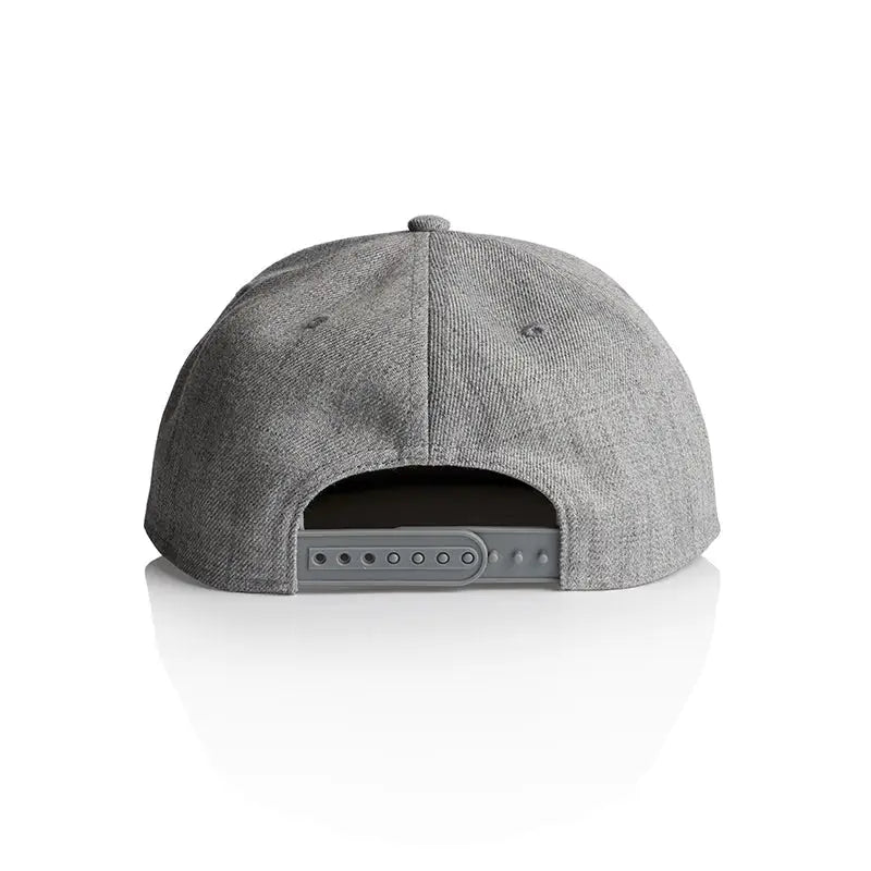 Gray snapback cap.