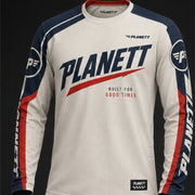 A long-sleeve athletic jersey shown from the front on a dark studio background. The shirt is off-white with navy blue sleeves and side panels, plus red graphic stripes and text.
