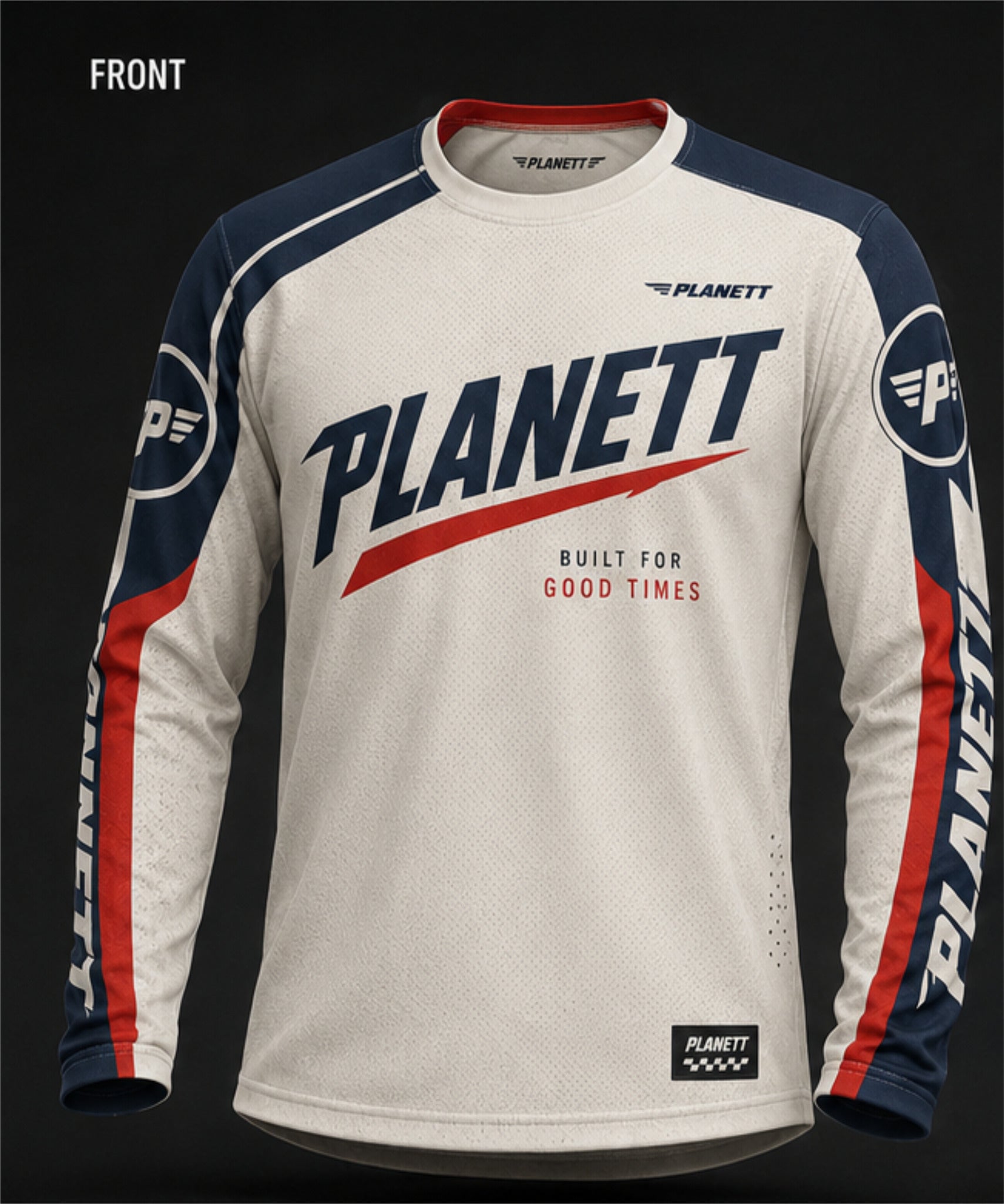 A long-sleeve athletic jersey shown from the front on a dark studio background. The shirt is off-white with navy blue sleeves and side panels, plus red graphic stripes and text.