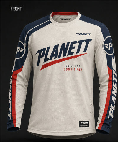 A long-sleeve athletic jersey shown from the front on a dark studio background. The shirt is off-white with navy blue sleeves and side panels, plus red graphic stripes and text.