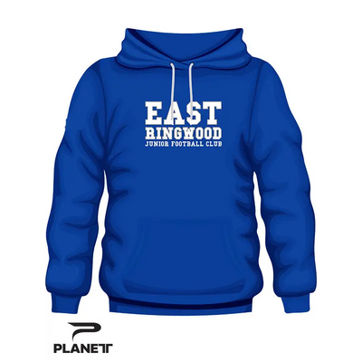 Blue hooded sweatshirt.