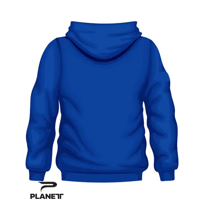 Blue hooded sweatshirt.