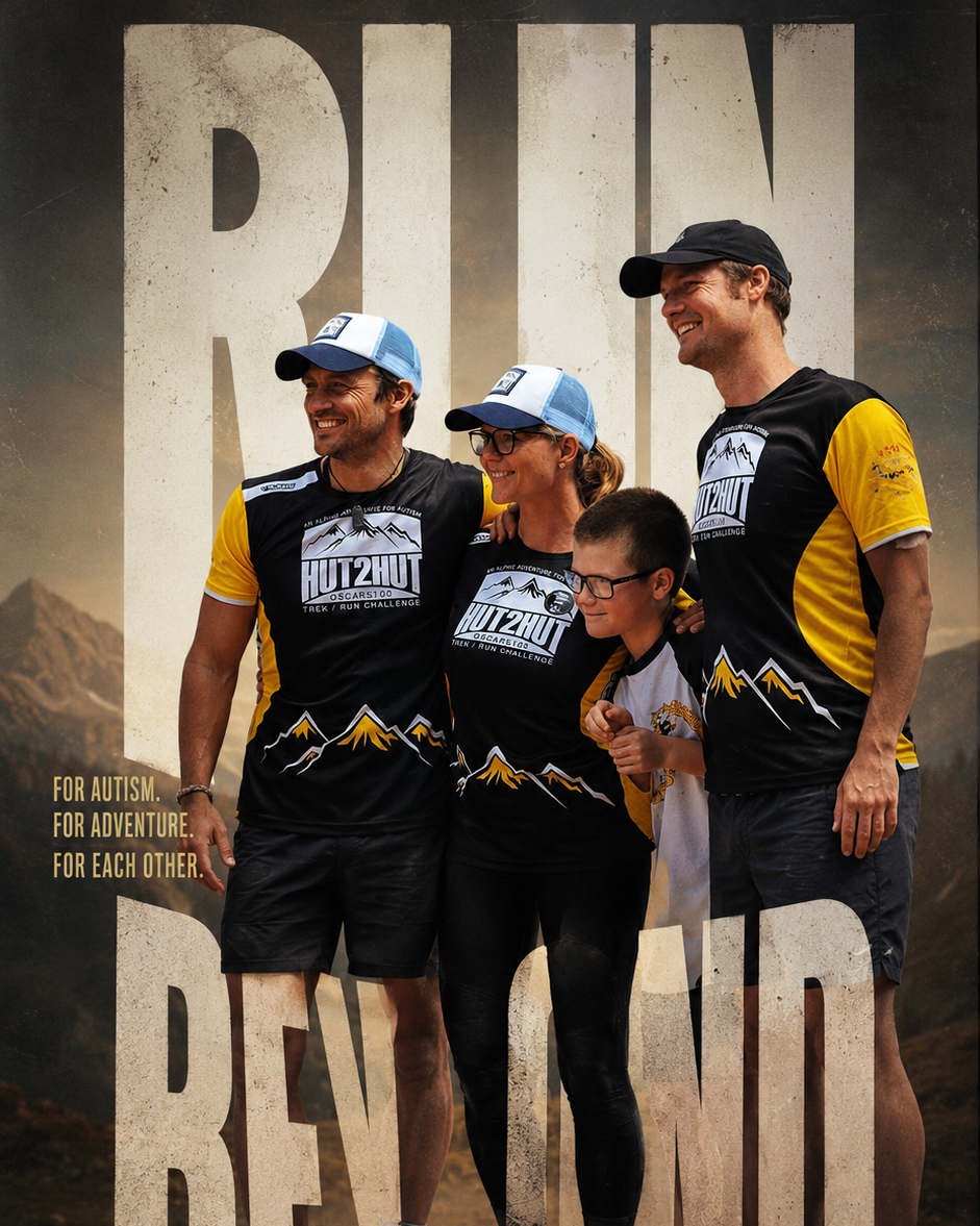 Four runners wearing matching black and yellow Hut2Hut athletic shirts and shorts stand together in front of a large rustic 'RUN BEYOND' backdrop. The scene is outdoors with a mountain background and the Hut2Nut logo appears at the bottom.