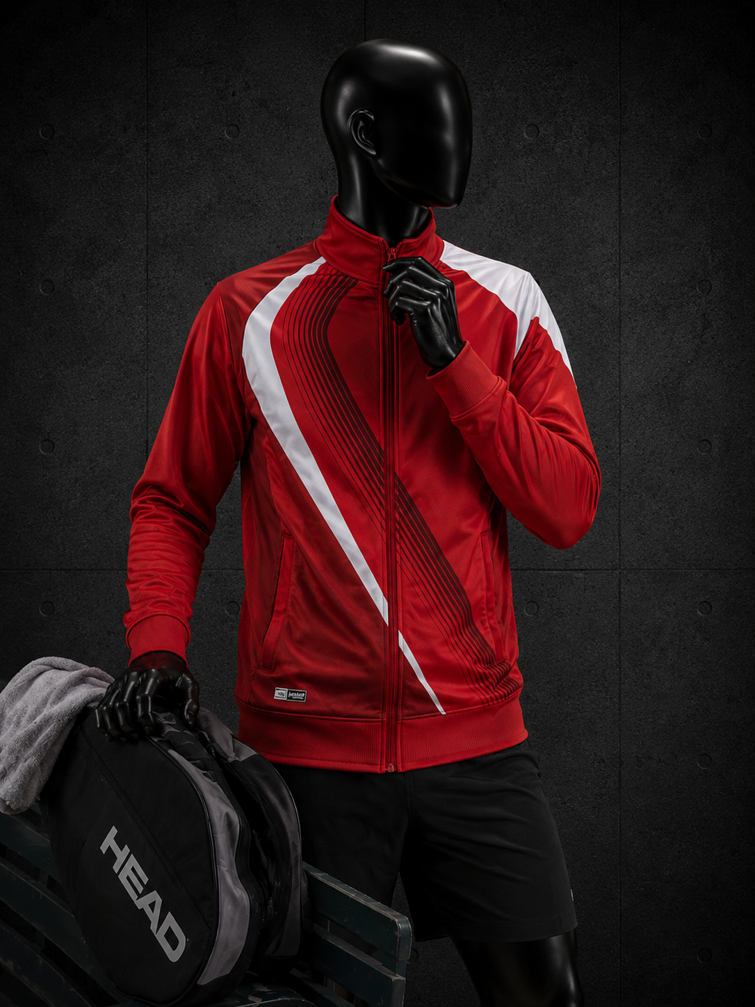 A mannequin wearing a red athletic zip-up jacket with bold white diagonal stripes, paired with black shorts and gloves, holding a black and gray tennis bag against a dark textured studio background.