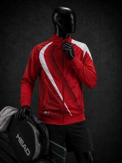 A mannequin wearing a red athletic zip-up jacket with bold white diagonal stripes, paired with black shorts and gloves, holding a black and gray tennis bag against a dark textured studio background.