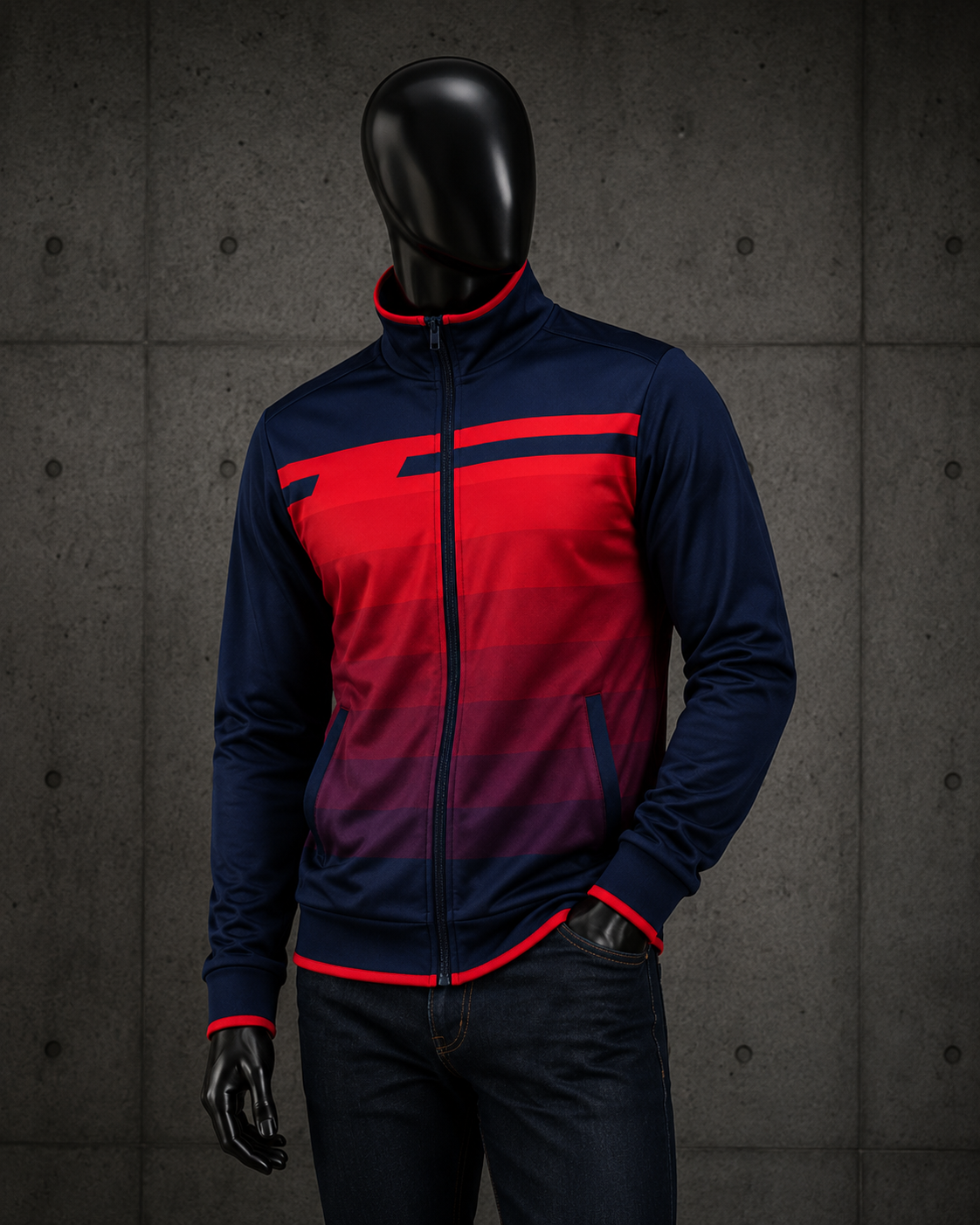 A navy blue and red gradient zip-up jacket displayed on a black mannequin against a dark gray concrete wall.
