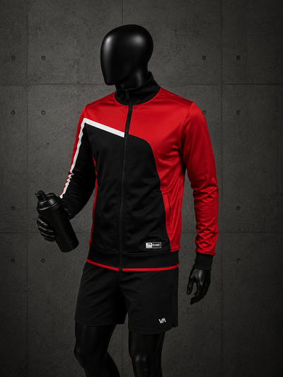 A mannequin wearing a red and black athletic zip-up jacket with a white diagonal stripe detail on the chest, paired with black shorts, set against a dark gray concrete wall backdrop.