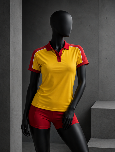 A black mannequin wearing a yellow and red short-sleeve polo shirt with matching red shorts, posed against a dark gray concrete wall and steps.