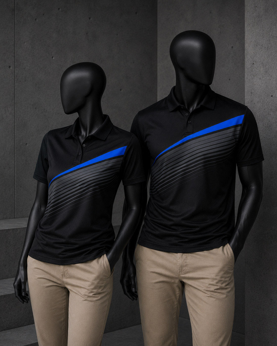 Two black polo shirts with a blue and gray diagonal stripe design, displayed on black mannequins wearing beige pants against a dark gray concrete wall.
