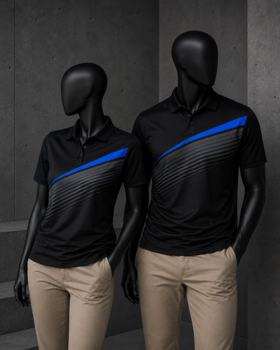 Two black polo shirts with a blue and gray diagonal stripe design, displayed on black mannequins wearing beige pants against a dark gray concrete wall.