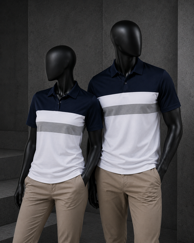 Two black mannequins wearing matching short-sleeve polo shirts with a color-block design of navy blue, white, and gray, paired with khaki pants, set against a dark gray textured studio background.