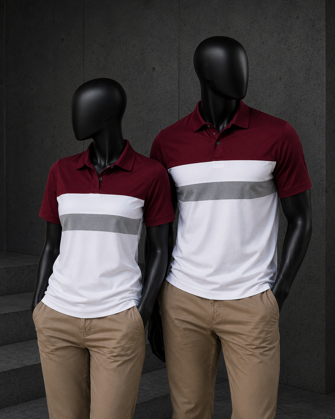 Two black mannequins wearing matching polo shirts with a color-blocked design of burgundy, white, and gray, paired with khaki pants, set against a dark gray concrete wall.