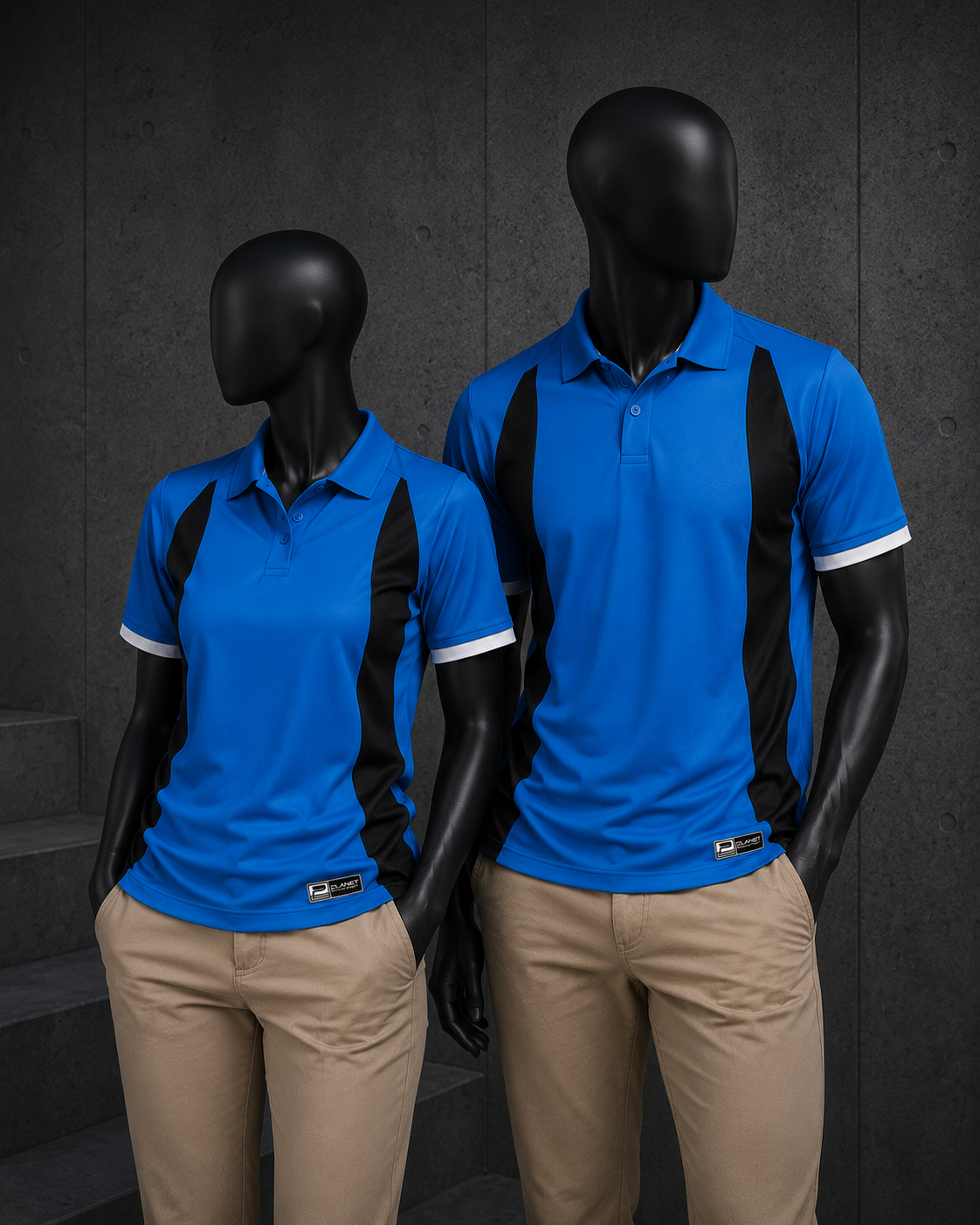 Two black mannequins wearing matching bright blue athletic polo shirts with black side panels and white sleeve trim, paired with khaki pants, against a dark textured studio background.
