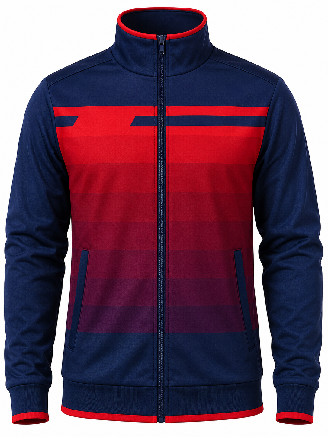 Navy and red jacket with a prominent brand logo on a white background