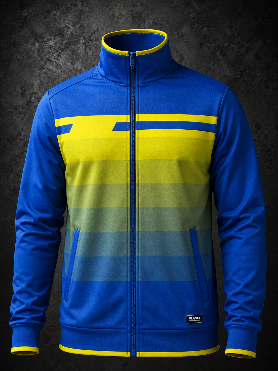 Blue and yellow jacket with a gradient design on a dark background