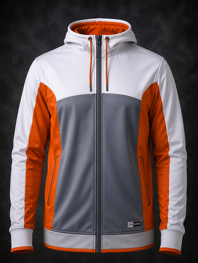 Three-tone jacket with orange, gray, and white colors on a dark background