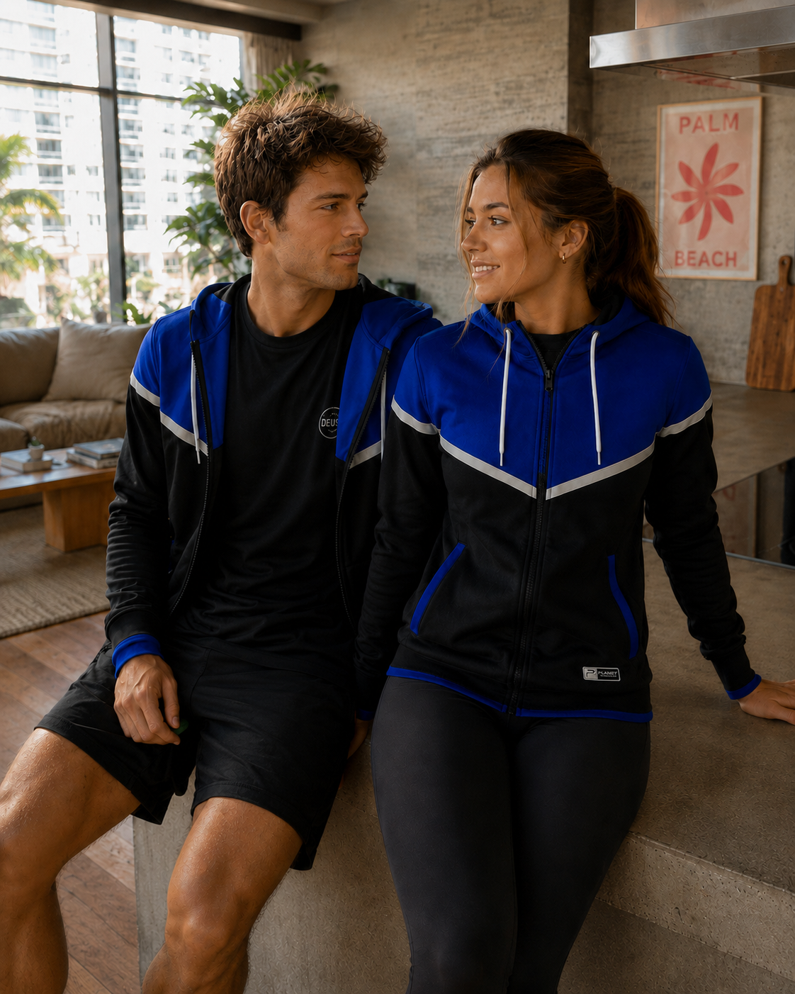 Two people wearing matching blue and black jackets in a modern living room.