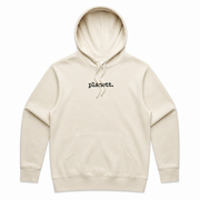 Beige hoodie with 'planett.' text on a white background