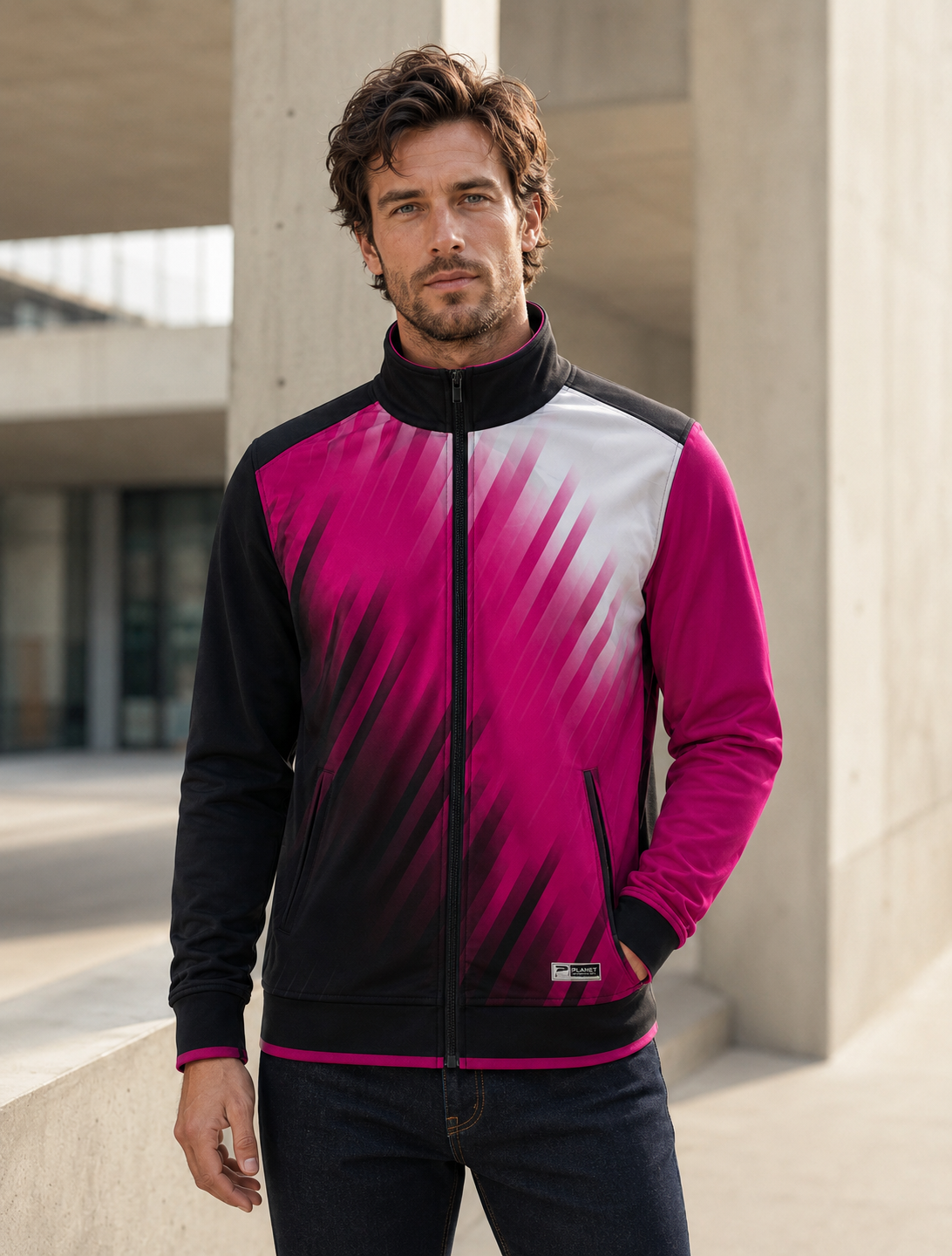 Man wearing a pink and black jacket standing outdoors.