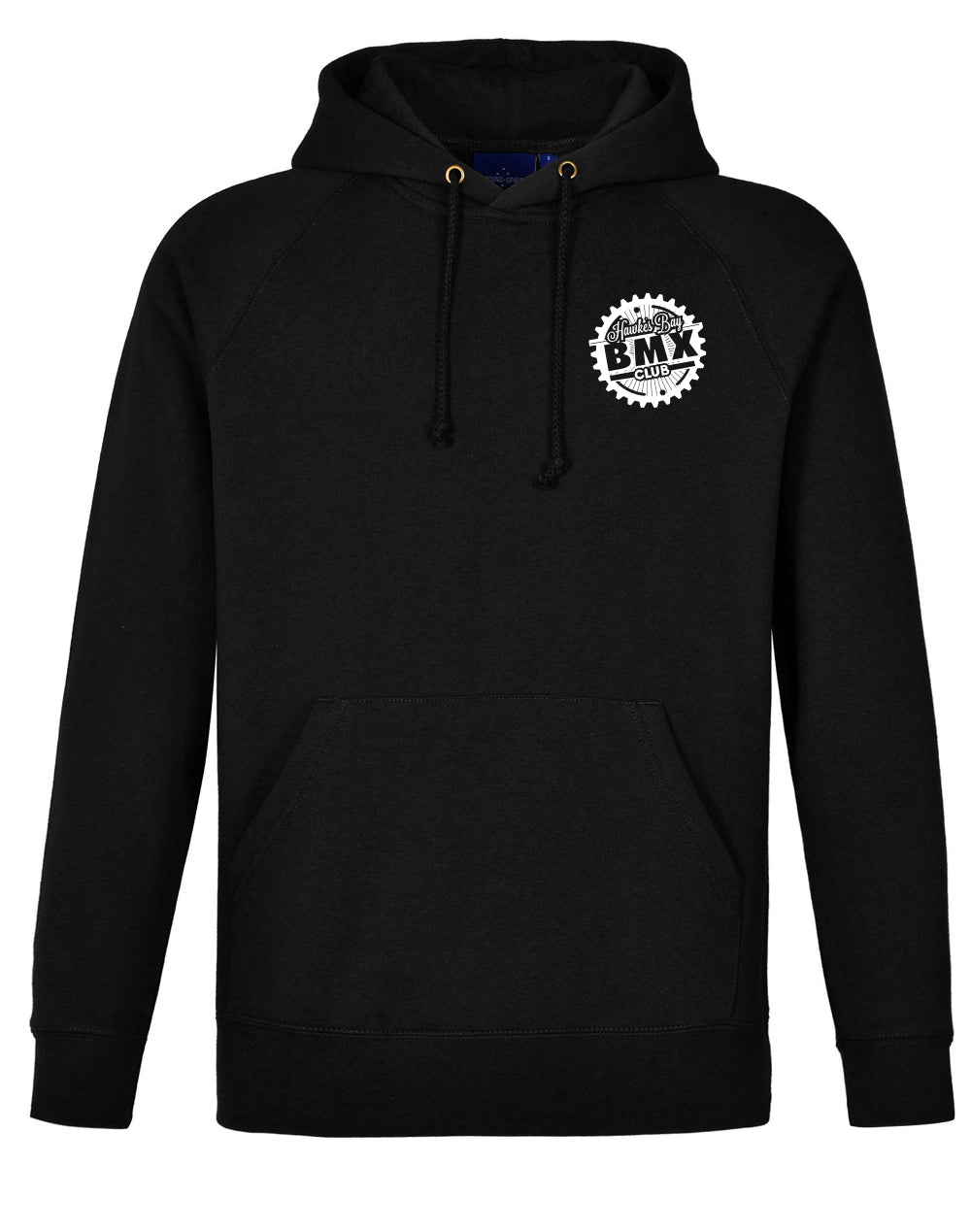 A black pullover hoodie with a white circular graphic printed on the left chest, featuring a drawstring hood and a front kangaroo pocket.