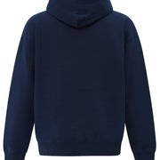 Navy blue hoodie shown from the back on a white background