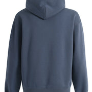 Blue hoodie shown from the back on a white background