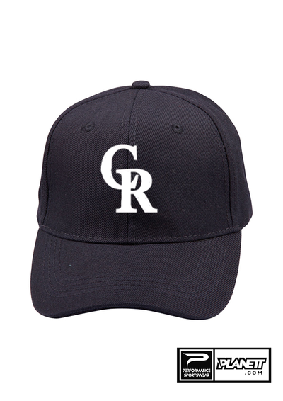 Black cap with white logo on a white background
