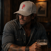 Man wearing a cap with a red 'P' logo, holding a beer mug in a dimly lit room.