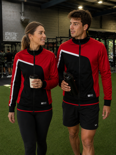 Two people wearing red and black athletic jackets in a gym setting.