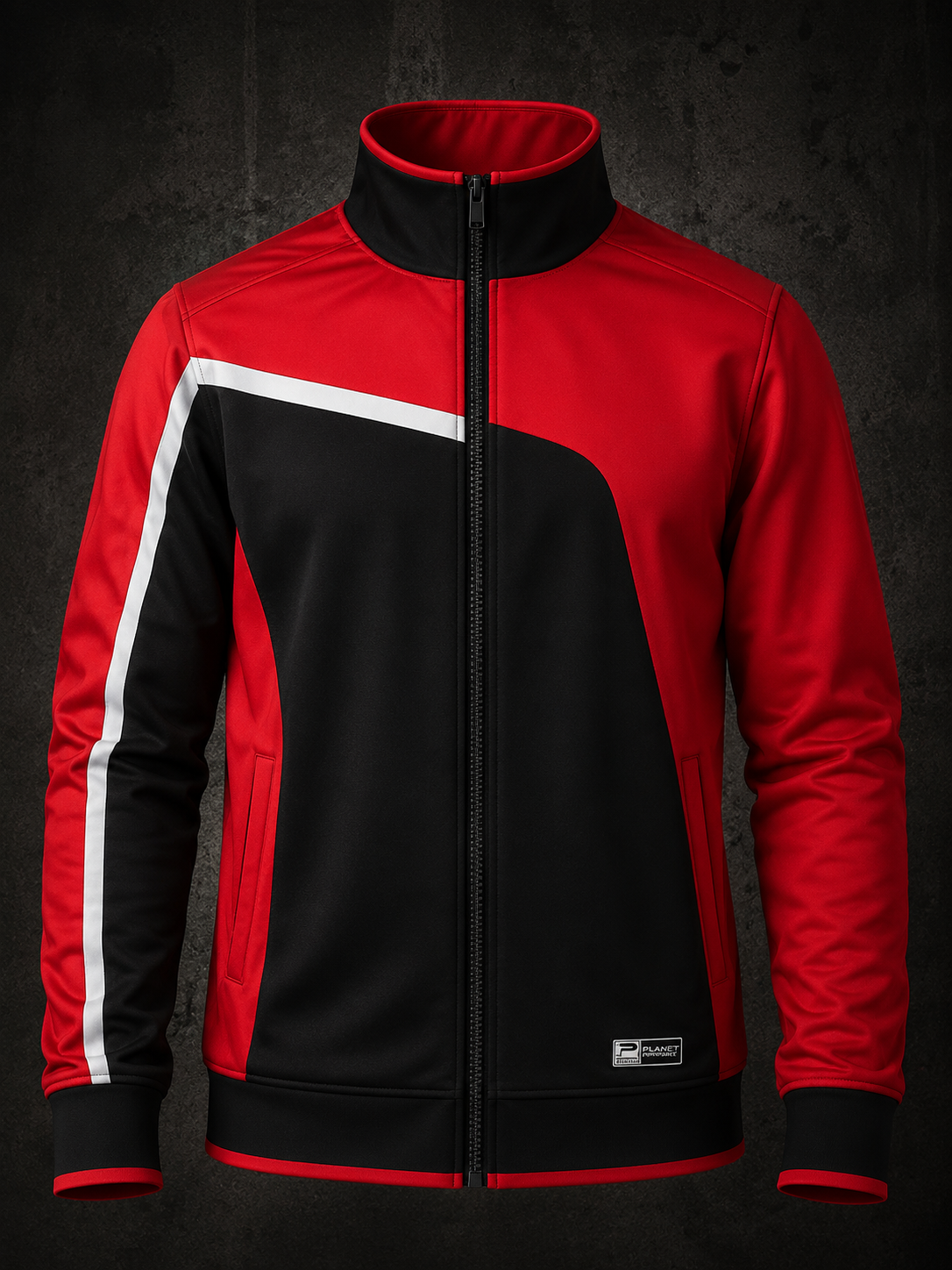 Red and black jacket with white stripe on a dark background
