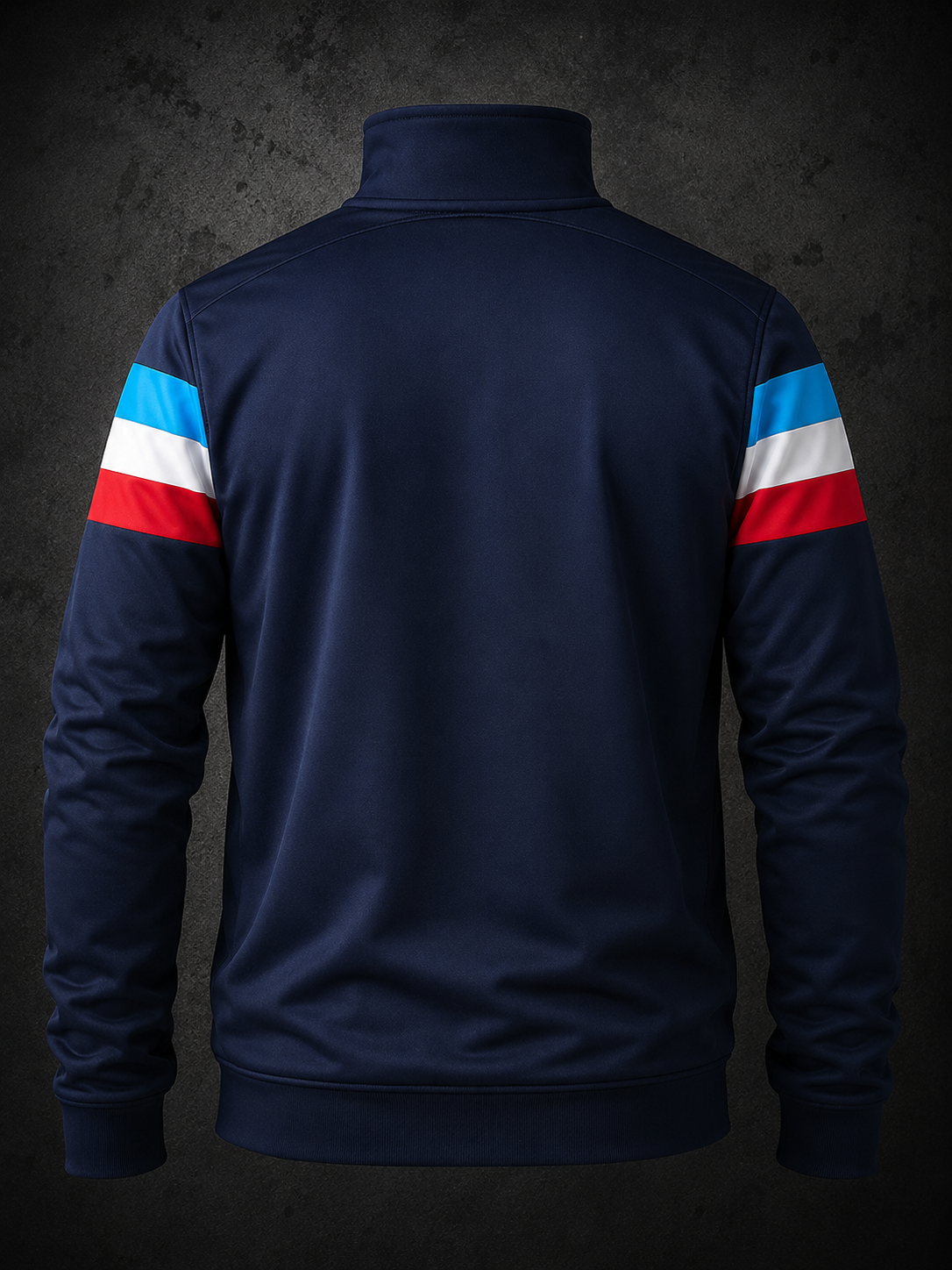 Navy blue jacket with red, white, and blue stripes on sleeves against a dark background