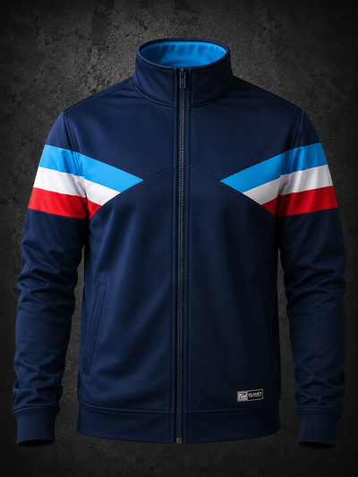 Navy blue jacket with red, white, and blue stripes on a dark background