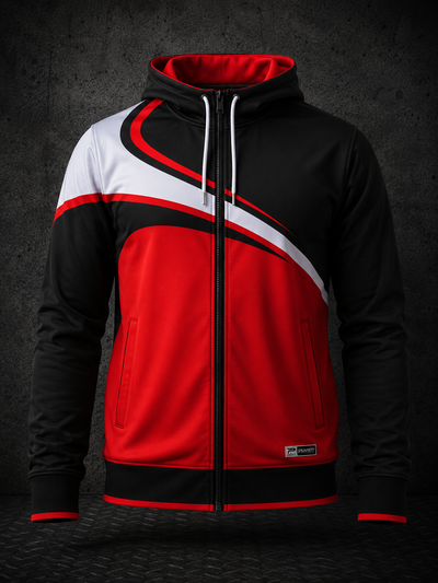 Red, black, and white jacket on a dark textured background
