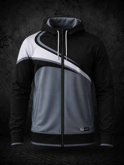 Black, gray, and white hoodie with a geometric design on a dark background