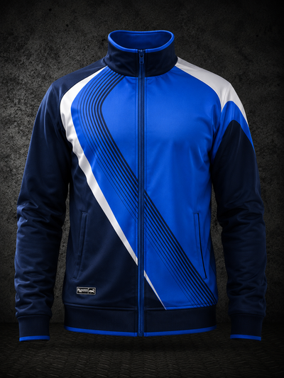 Blue and black jacket with white accents on a dark background
