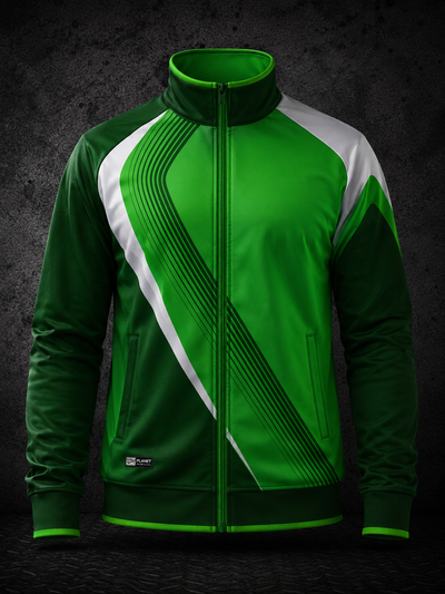 Green and white jacket with a textured dark background