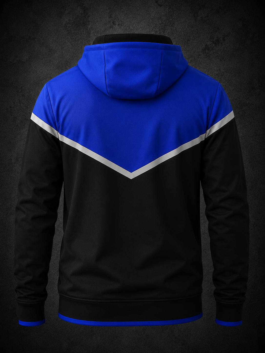 Black hoodie with blue and white design on the back against a dark background