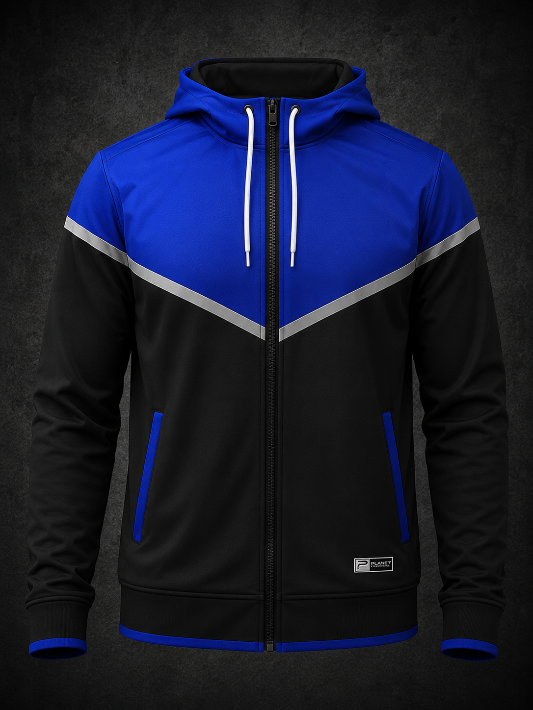Blue and black hoodie with white accents on a dark background