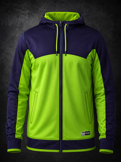 Green and navy jacket with a zipper on a dark background