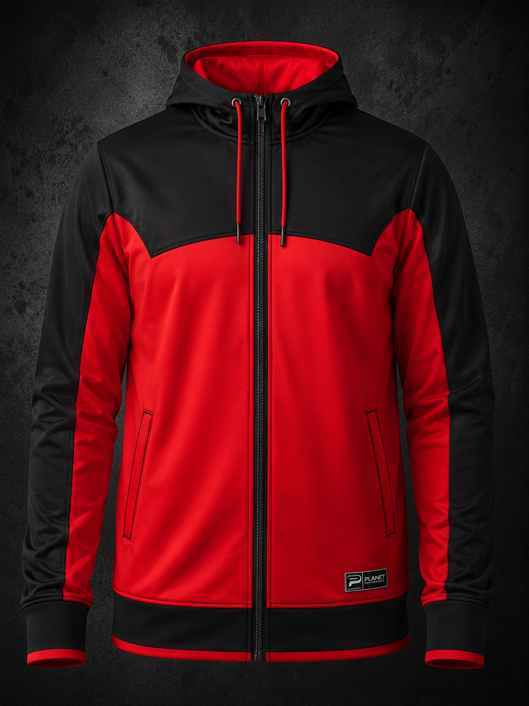 Red and black jacket with a hood on a dark background