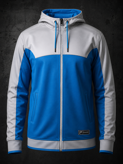 Blue and gray hoodie with a brand logo on a dark background