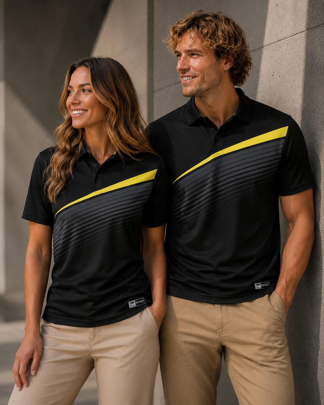 Two people wearing matching black and yellow polo shirts against a gray wall.