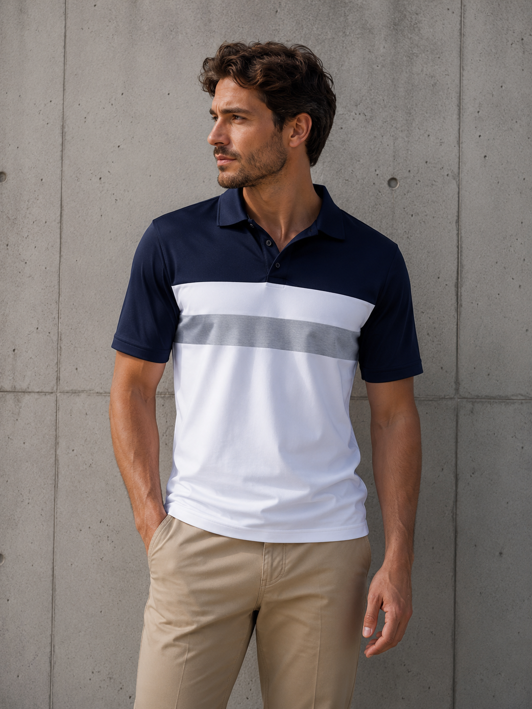 Man wearing a navy and white striped polo shirt against a concrete wall.