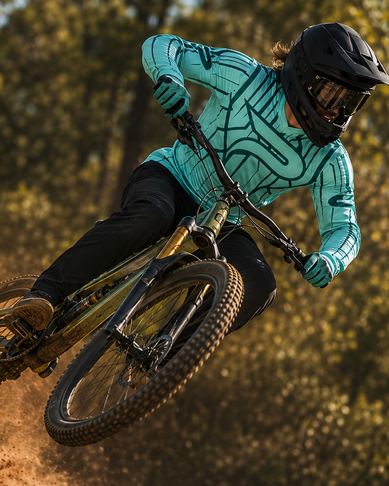 A mountain biker in a turquoise and black long-sleeve jersey, black pants, and a black helmet riding a dirt bike at high speed on a forest trail.