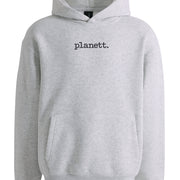Gray hoodie with 'planett.' text on a white background