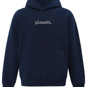 Navy blue hoodie with 'planett.' text on a white background
